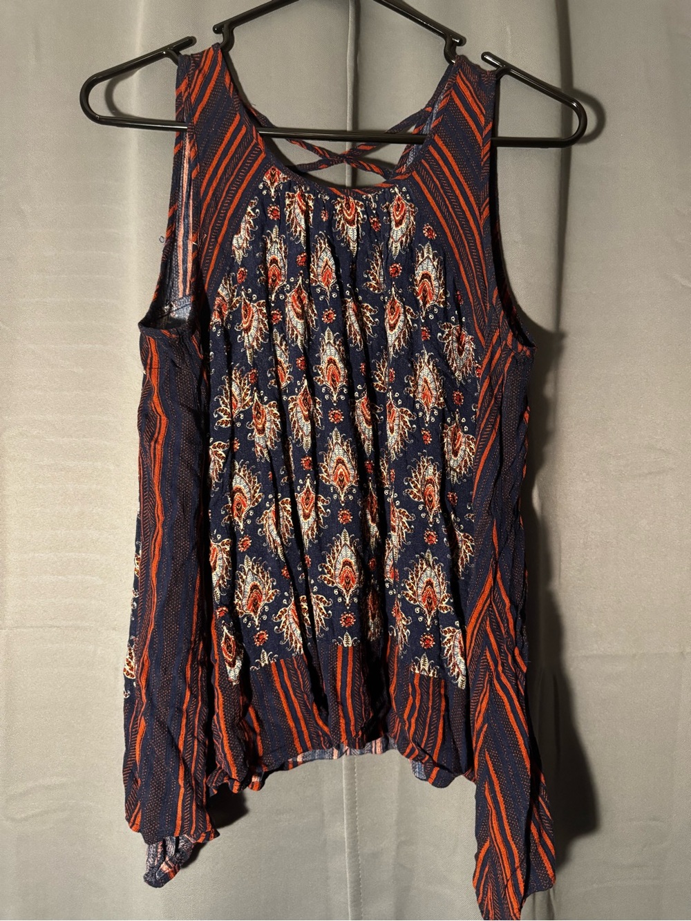 Faith and Joy Navy Crisscross Back Paisley Tank with Orange Accents